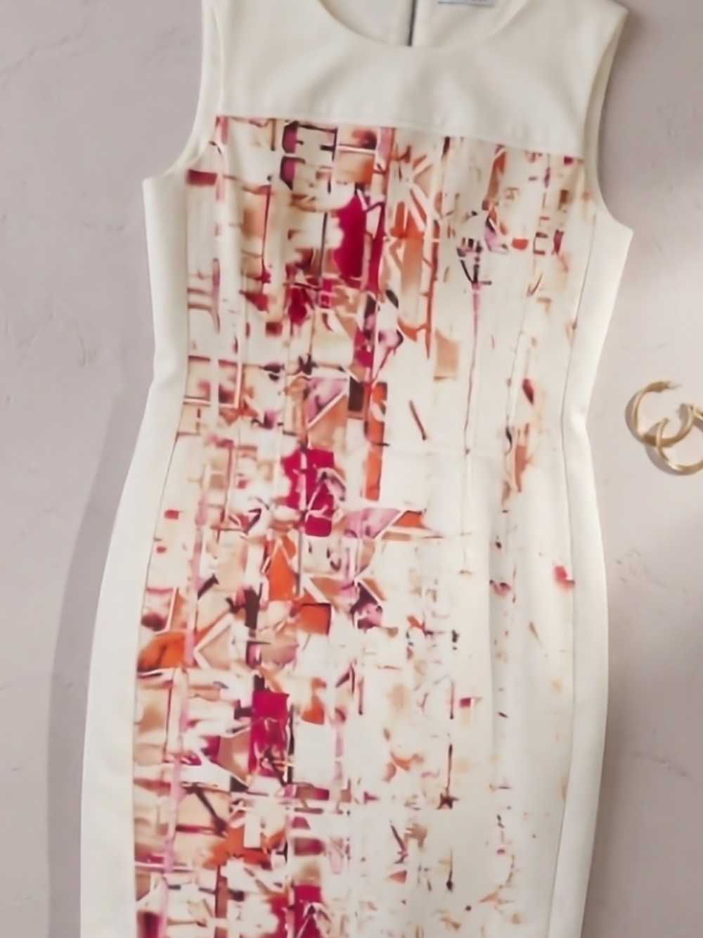 Sleeveless White Sheath Dress with Pink & Orange Abstract Print